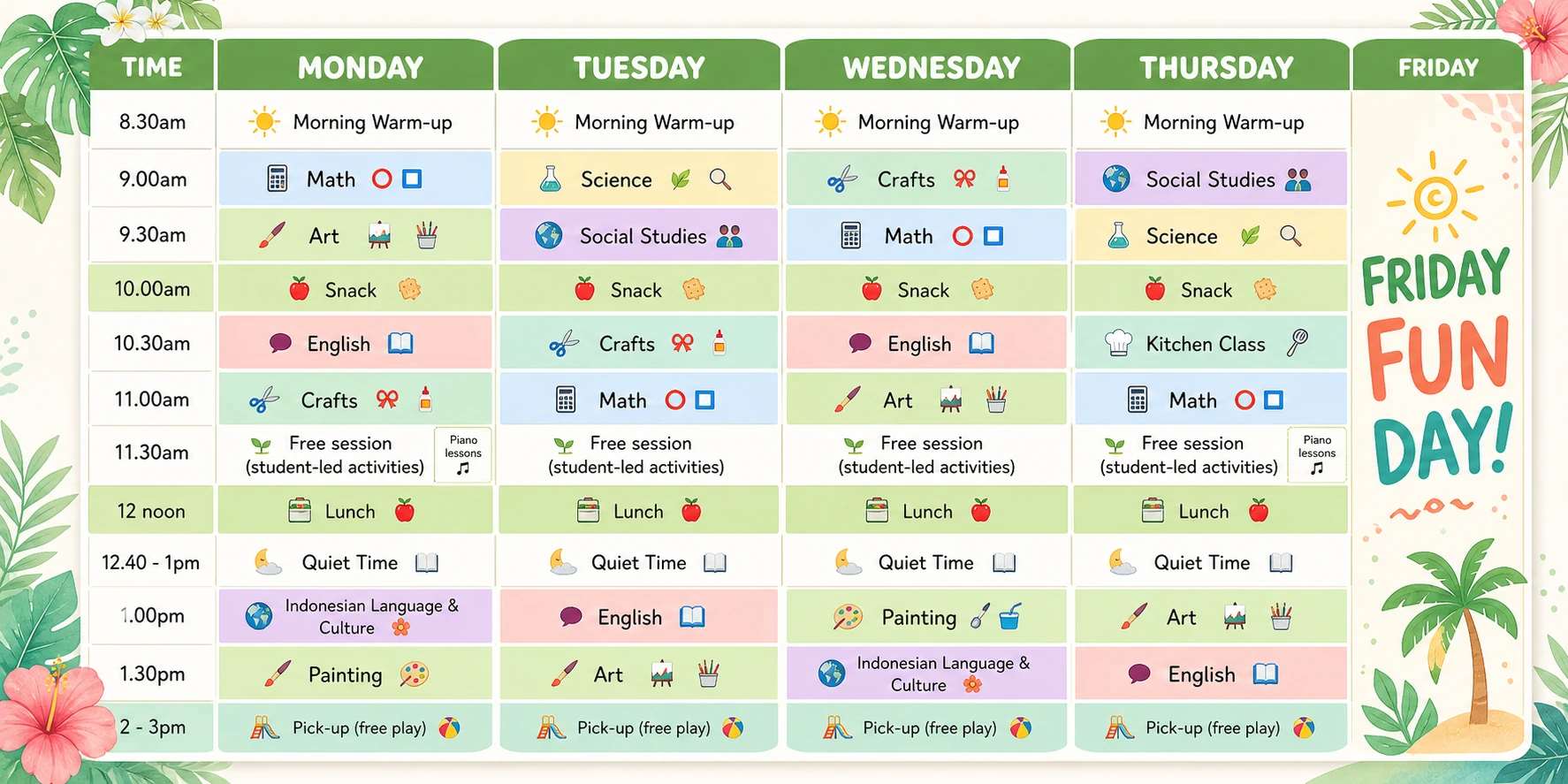An example of a full week's schedule at the Joglo Clubhouse School