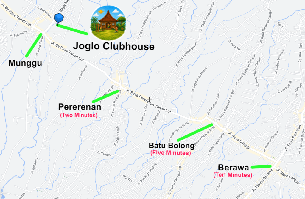 A map of how to find Joglo Clubhouse School in the Canggua area, Bali