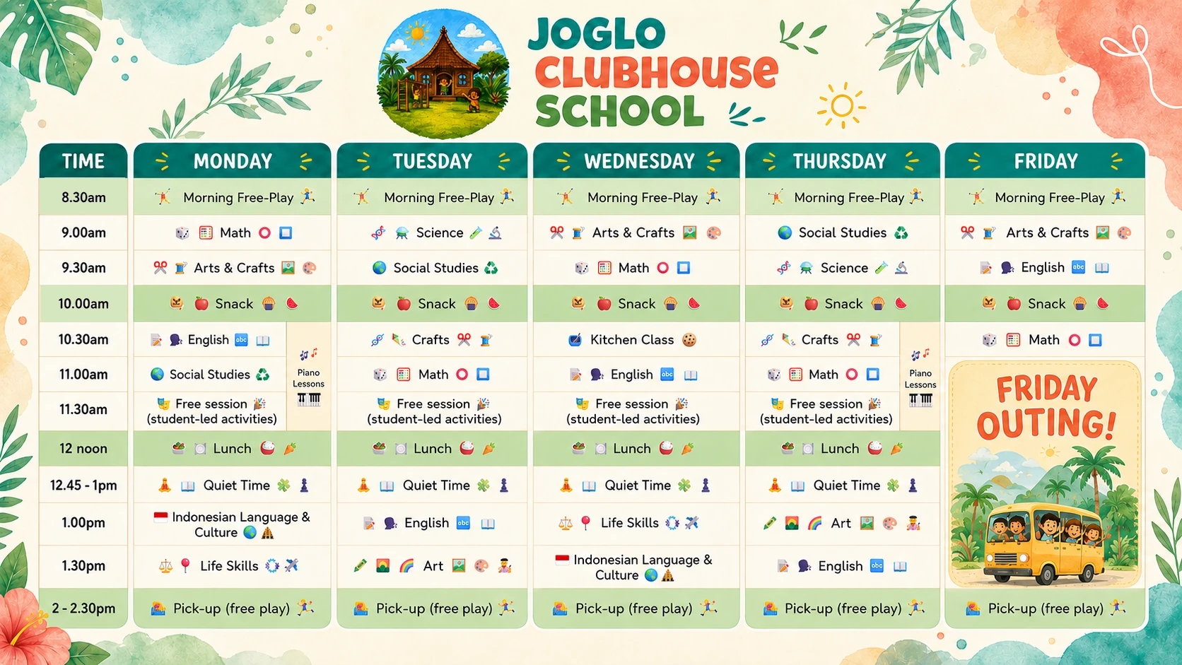 An example of a full week's schedule at the Joglo Clubhouse School